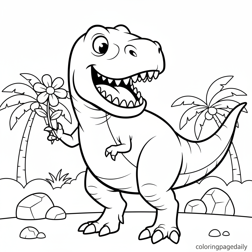 T-Rex Balancing a Flower - Black and white coloring page ready to print