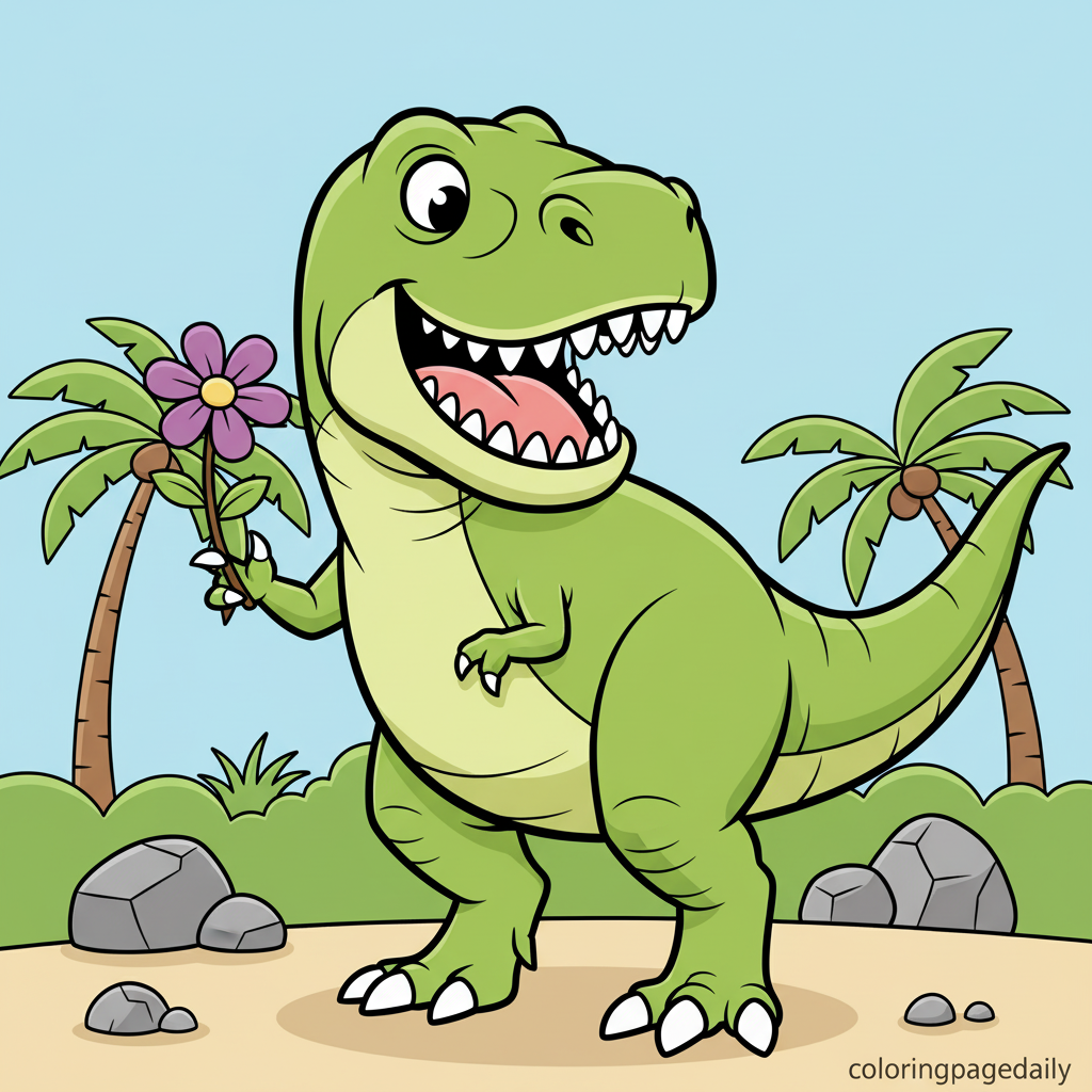 T-Rex Balancing a Flower - Colored reference example for this printable coloring page