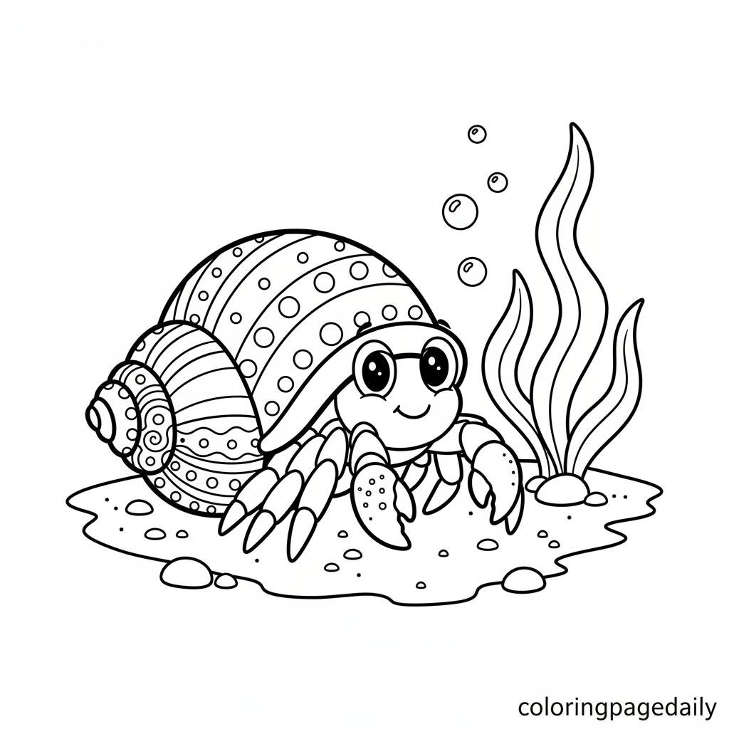 Hermit Crab Peeks from Shell - Black and white coloring page ready to print