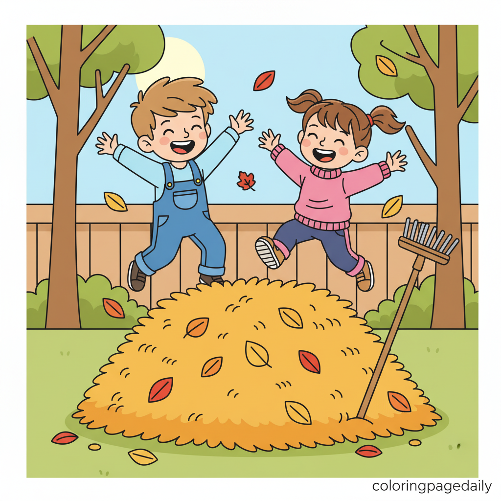 Kids Jumping in a Leaf Pile - Colored reference example for this printable coloring page