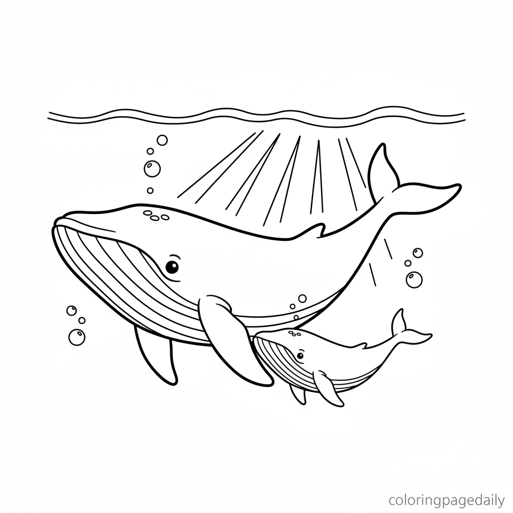 Whale and Calf Swimming Together - Black and white coloring page ready to print