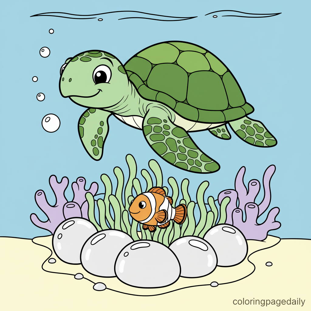 Sea Turtle Swims Past Anemone - Colored reference example for this printable coloring page