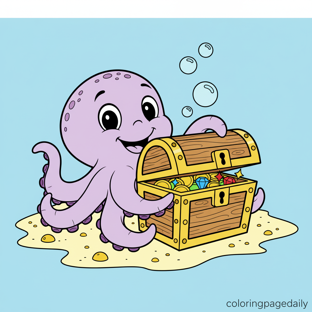Octopus Opening a Treasure Chest - Colored reference example for this printable coloring page
