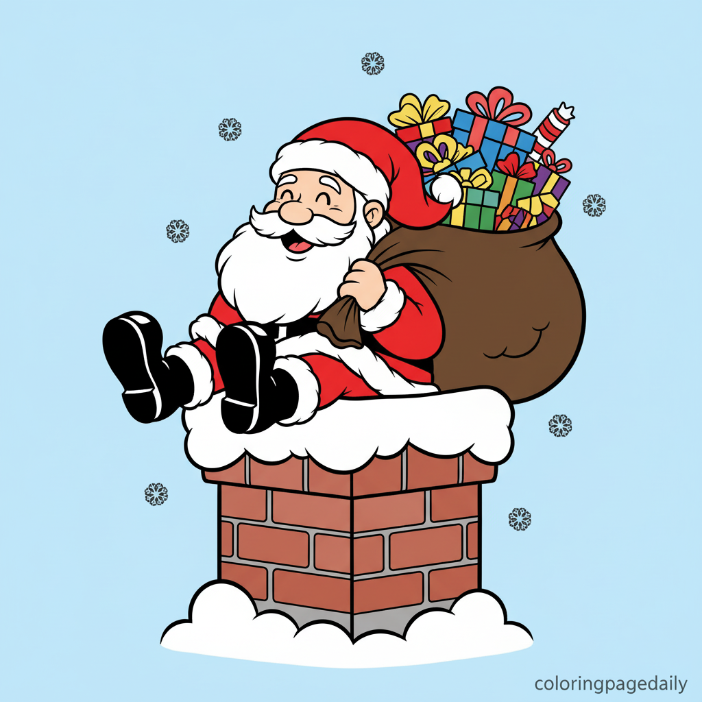 Santa Slides Down the Chimney - Colored reference example for this printable coloring page
