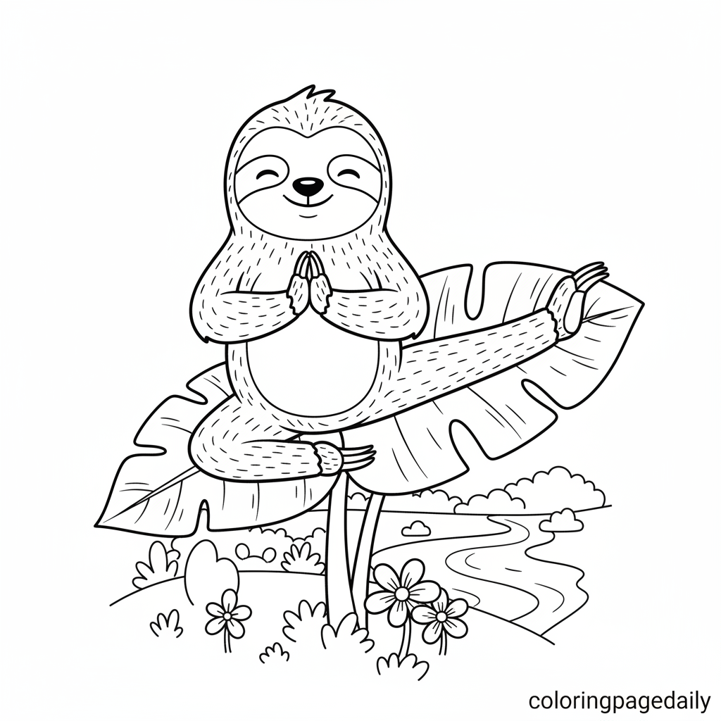 Calm Sloth Doing Yoga - Black and white coloring page ready to print