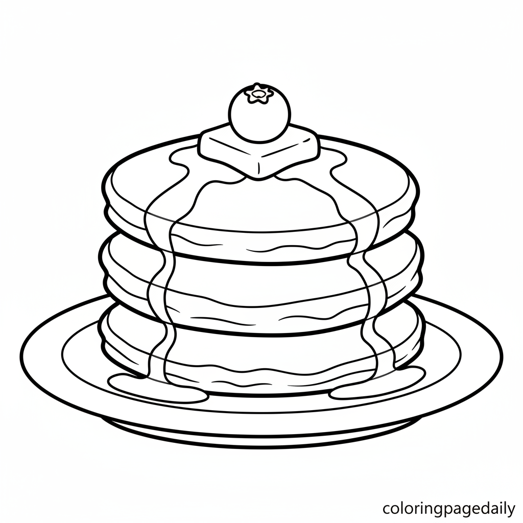 Fluffy Pancake Breakfast Stack - Black and white coloring page ready to print