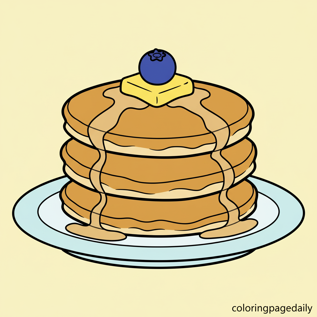 Fluffy Pancake Breakfast Stack - Colored reference example for this printable coloring page