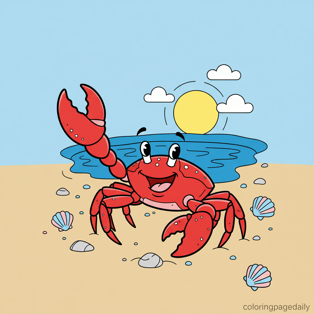 Fiddler Crab's Friendly Wave - Colored reference example for this printable coloring page