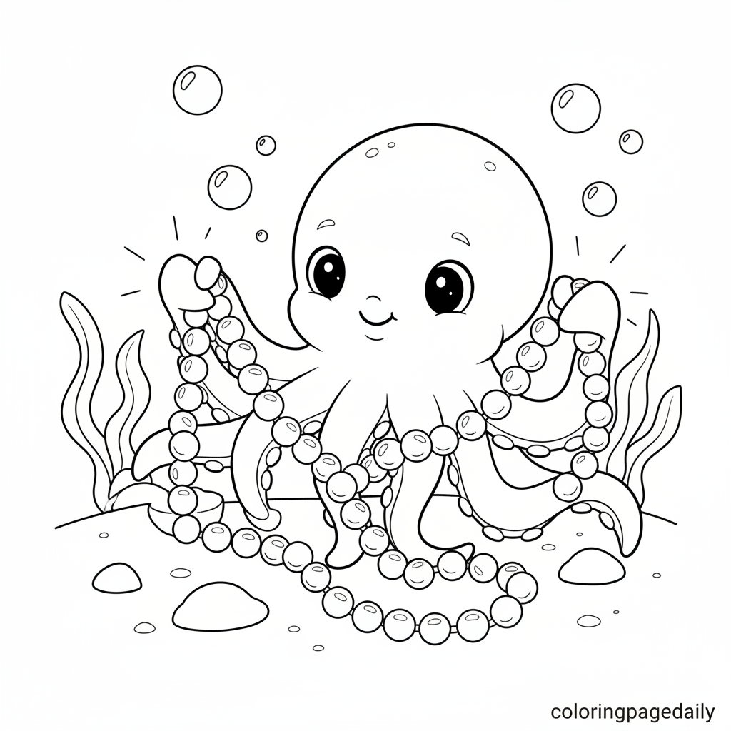 Baby Kraken Untangles Pearls - Black and white coloring page ready to print
