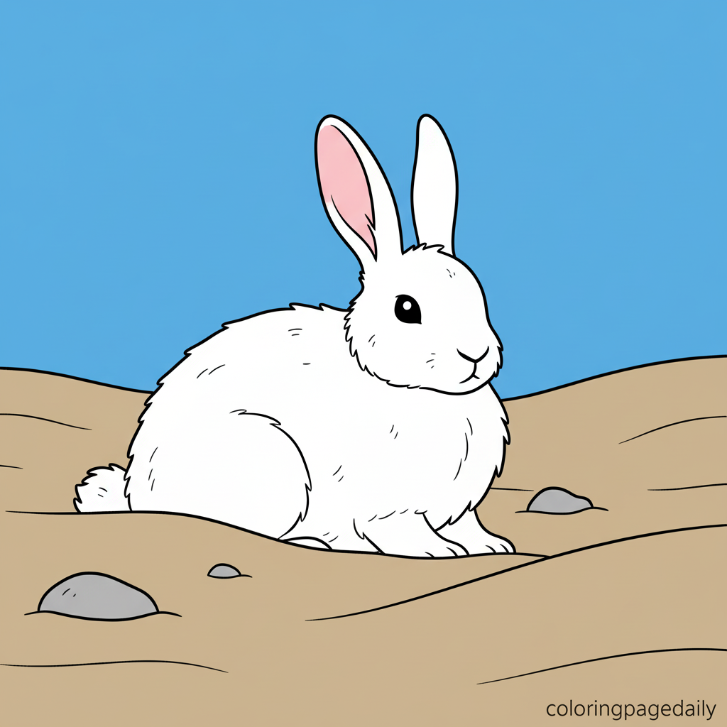 Arctic Hare Hides in the Snow - Colored reference example for this printable coloring page