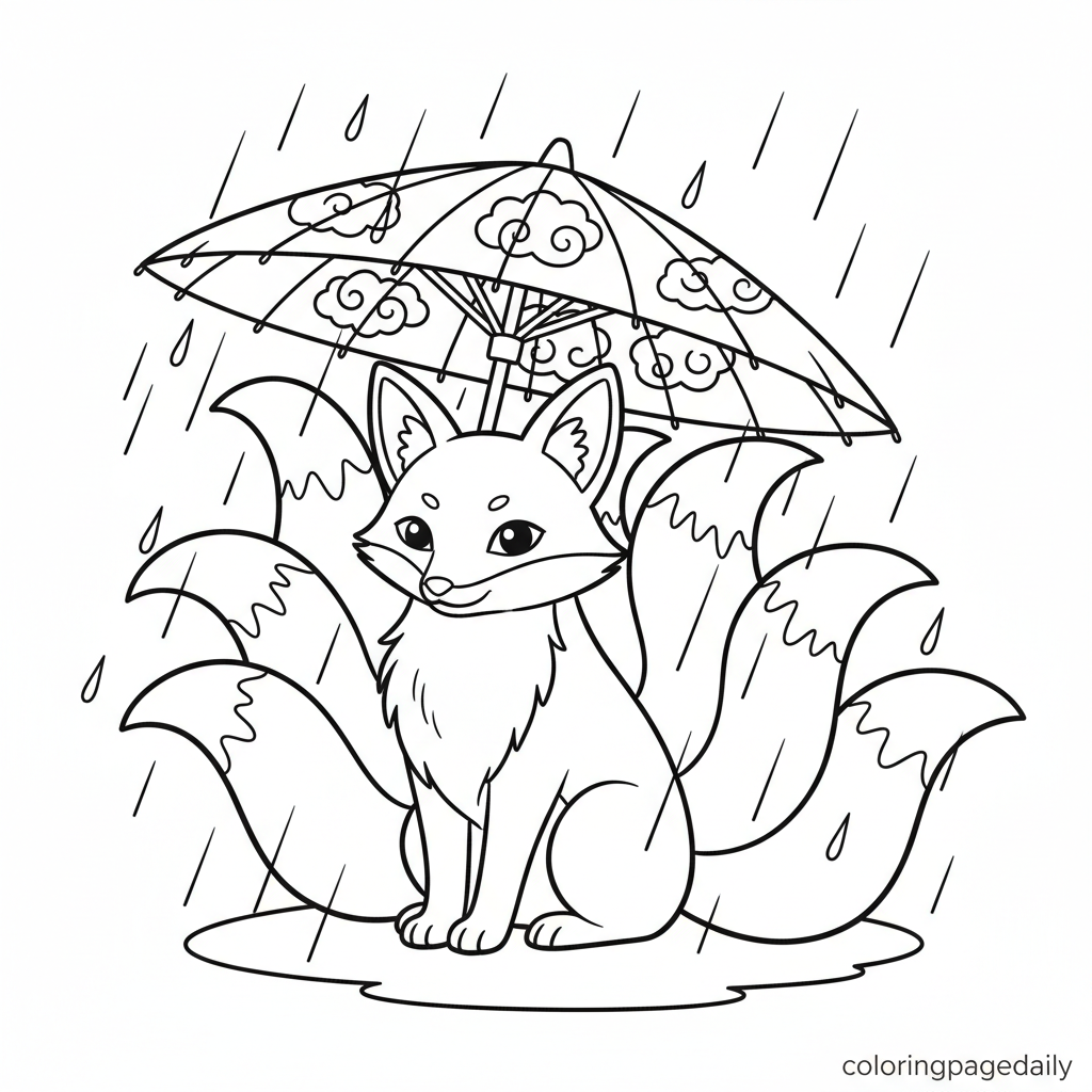 Kitsune's Magical Rain Shield - Black and white coloring page ready to print