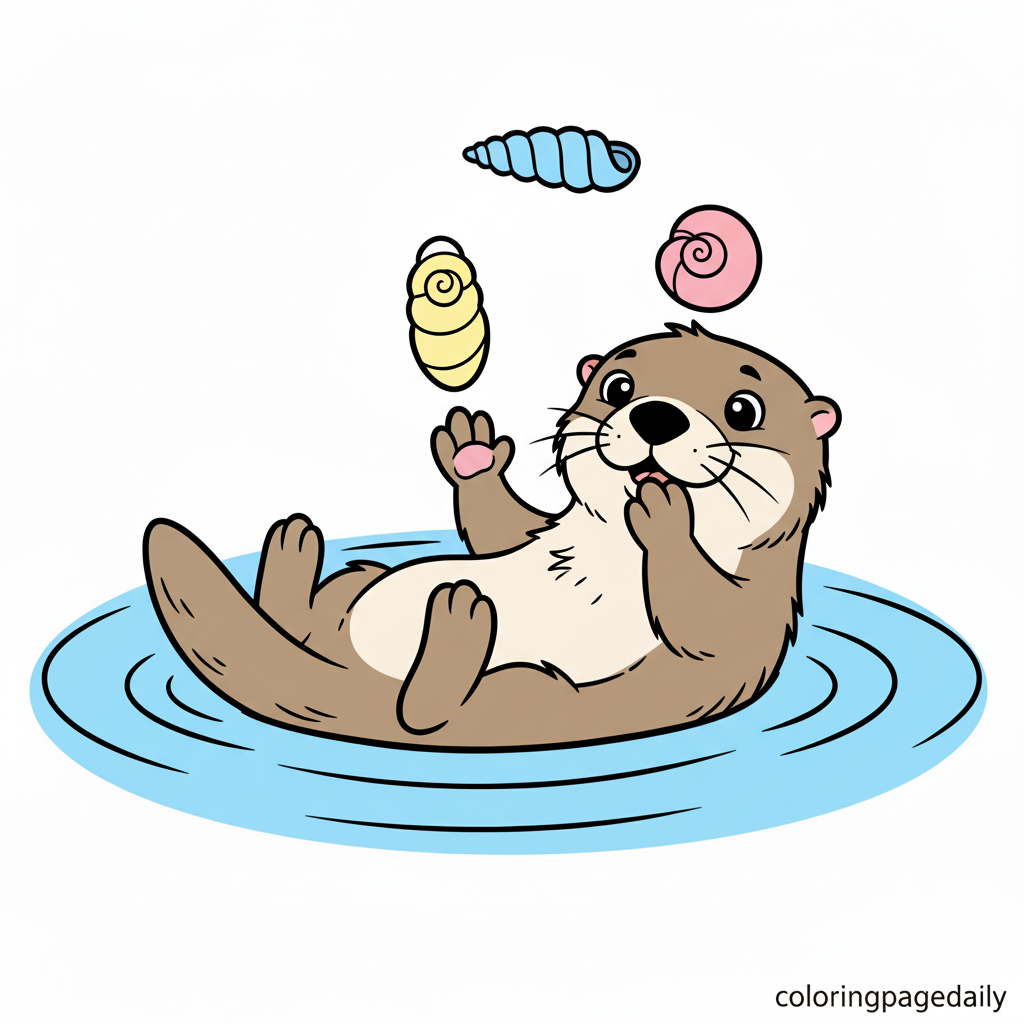 Sea Otter Juggles Seashells - Colored reference example for this printable coloring page