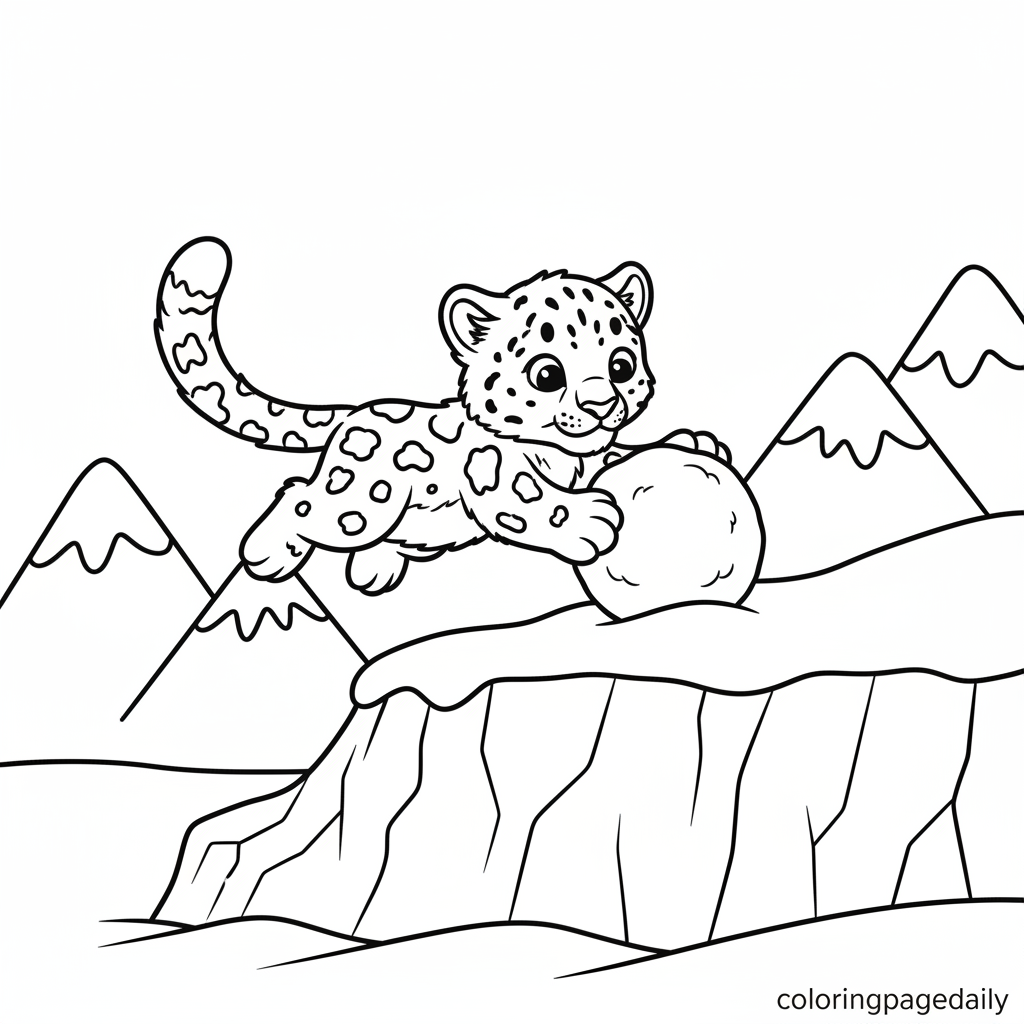 Snow Leopard Cub Pounces - Black and white coloring page ready to print