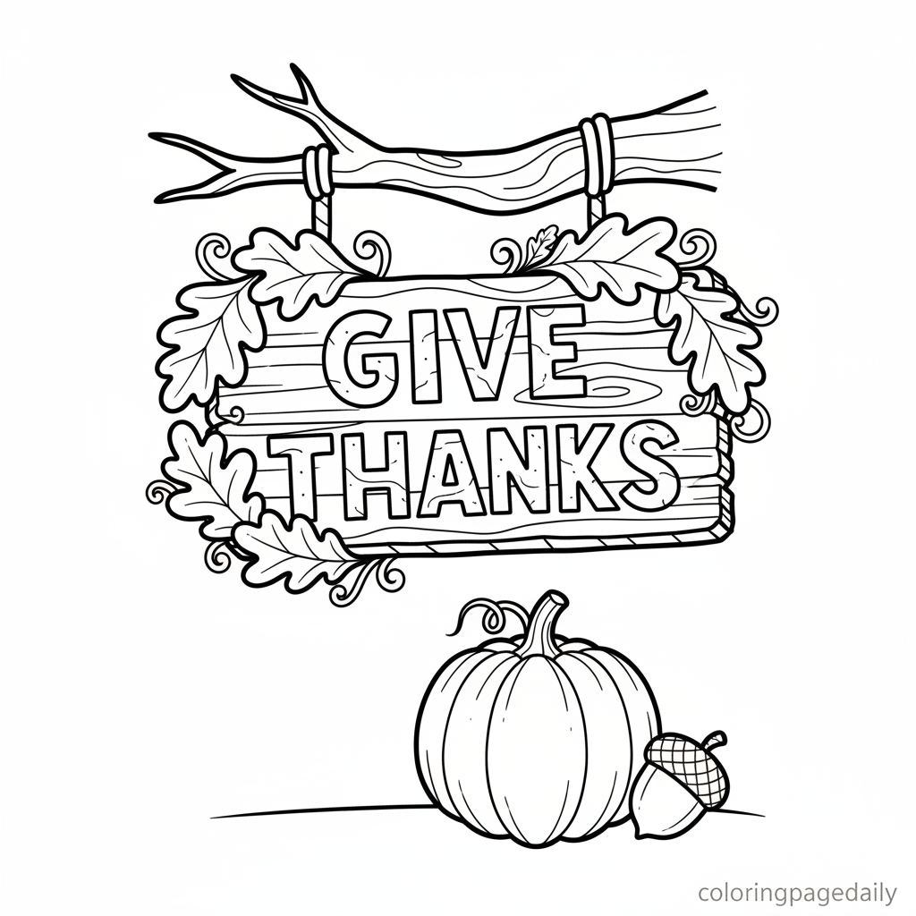 Autumn Give Thanks Sign - Black and white coloring page ready to print