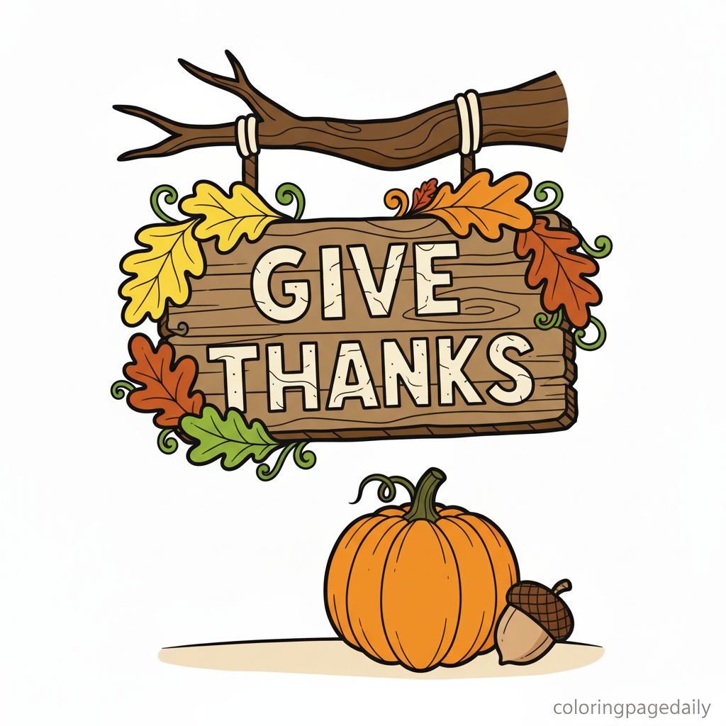 Autumn Give Thanks Sign - Colored reference example for this printable coloring page