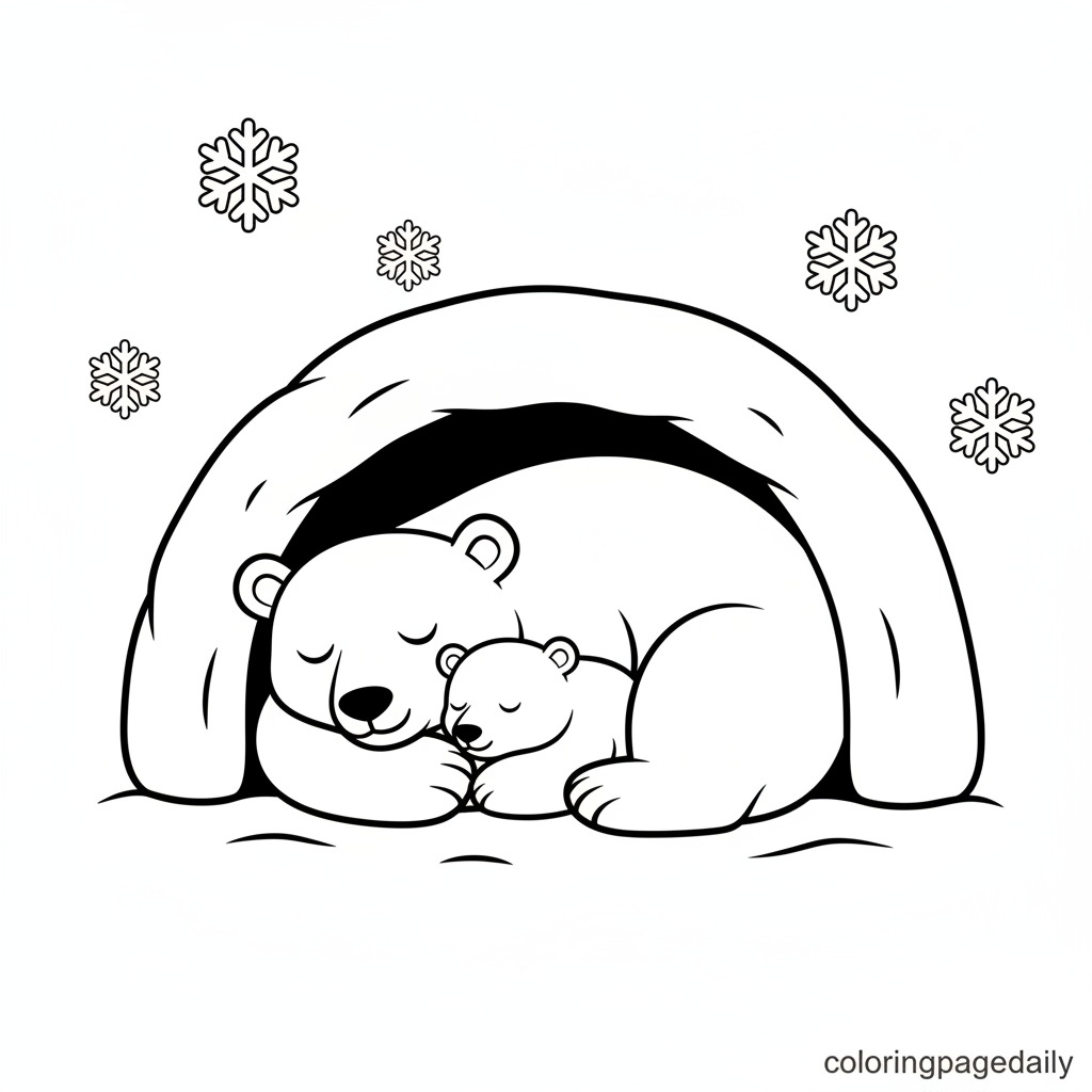 Polar Bears Sleeping in Den - Black and white coloring page ready to print