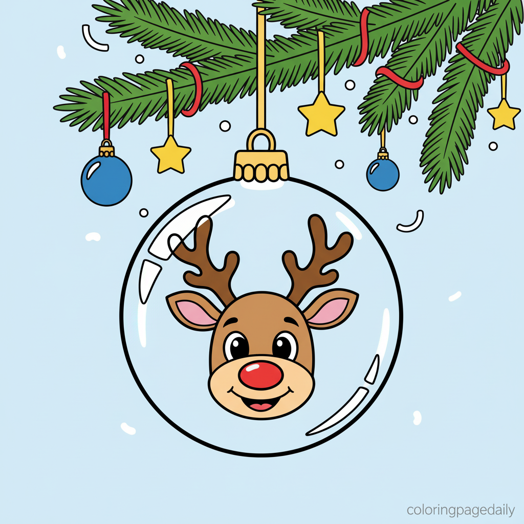 Reindeer's Christmas Ornament Reflection - Colored reference example for this printable coloring page