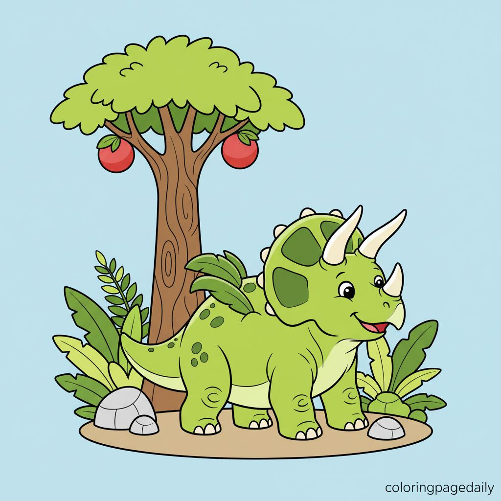 Triceratops Scratches an Itch - Colored reference example for this printable coloring page