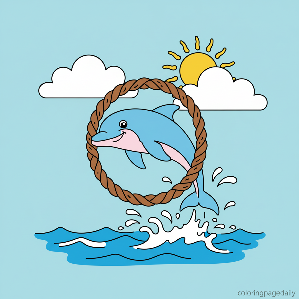 Dolphin Leaps Through Seaweed Hoop - Colored reference example for this printable coloring page