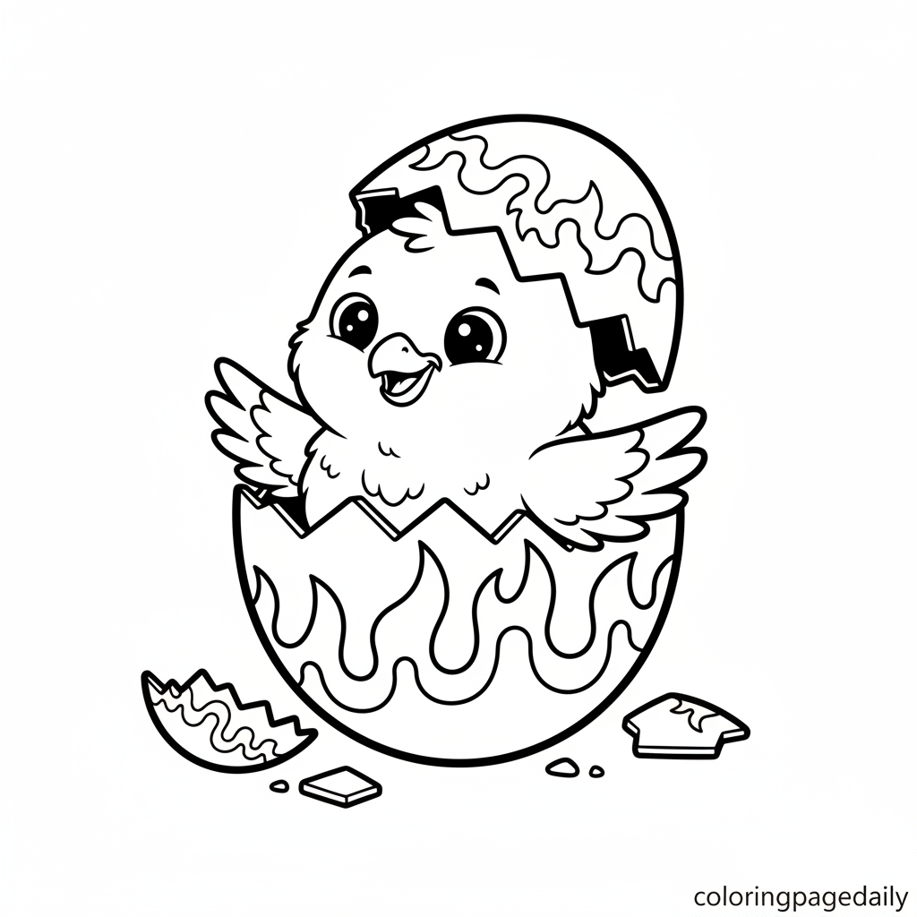 Phoenix Chick Hatches from Egg - Black and white coloring page ready to print