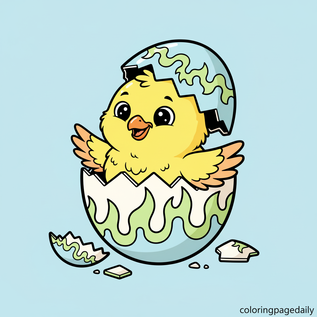 Phoenix Chick Hatches from Egg - Colored reference example for this printable coloring page