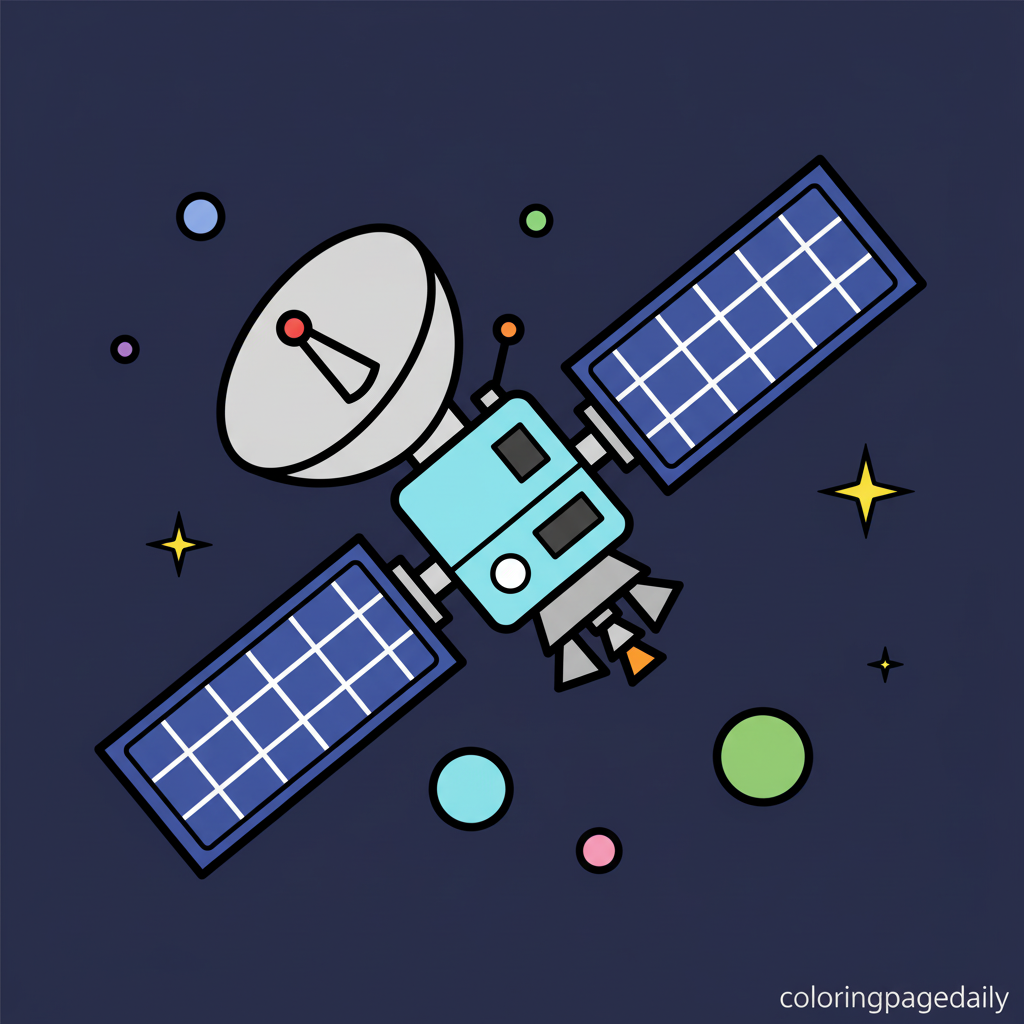 Satellite Floating in Deep Space - Colored reference example for this printable coloring page