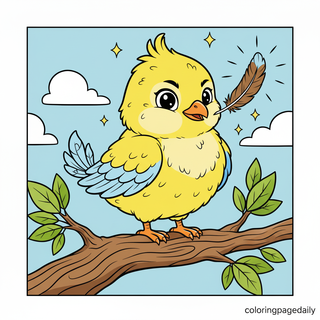 Phoenix Chick's First Glowing Feather - Colored reference example for this printable coloring page