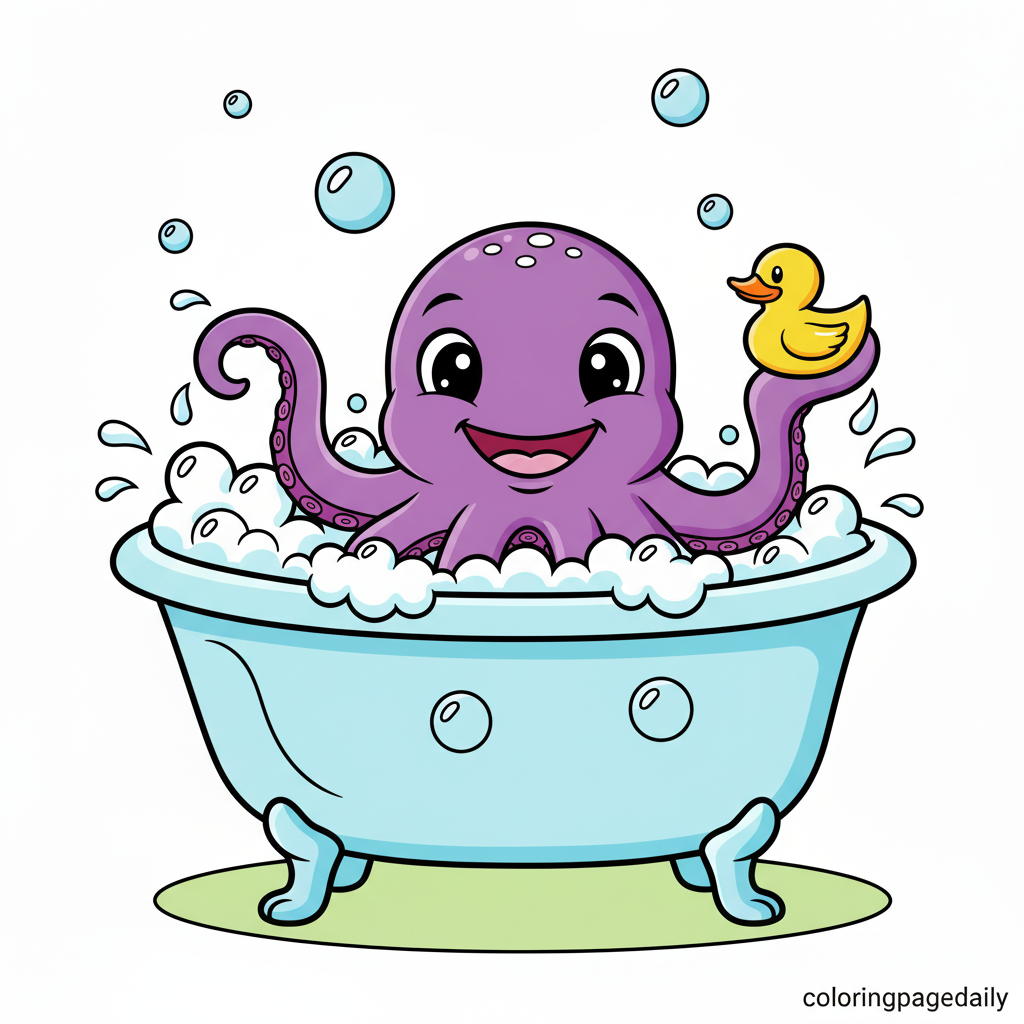 Baby Kraken Takes a Bubble Bath - Colored reference example for this printable coloring page
