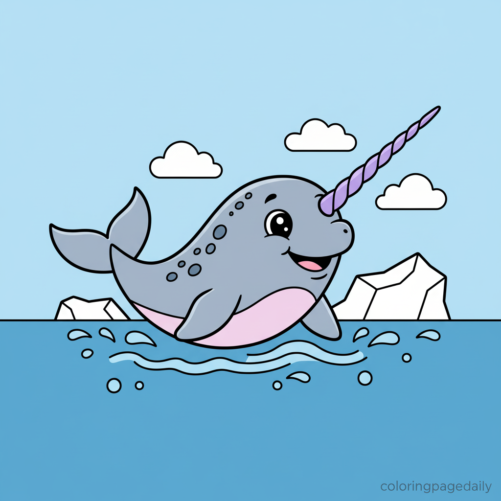 Narwhal Swimming in Ice - Colored reference example for this printable coloring page