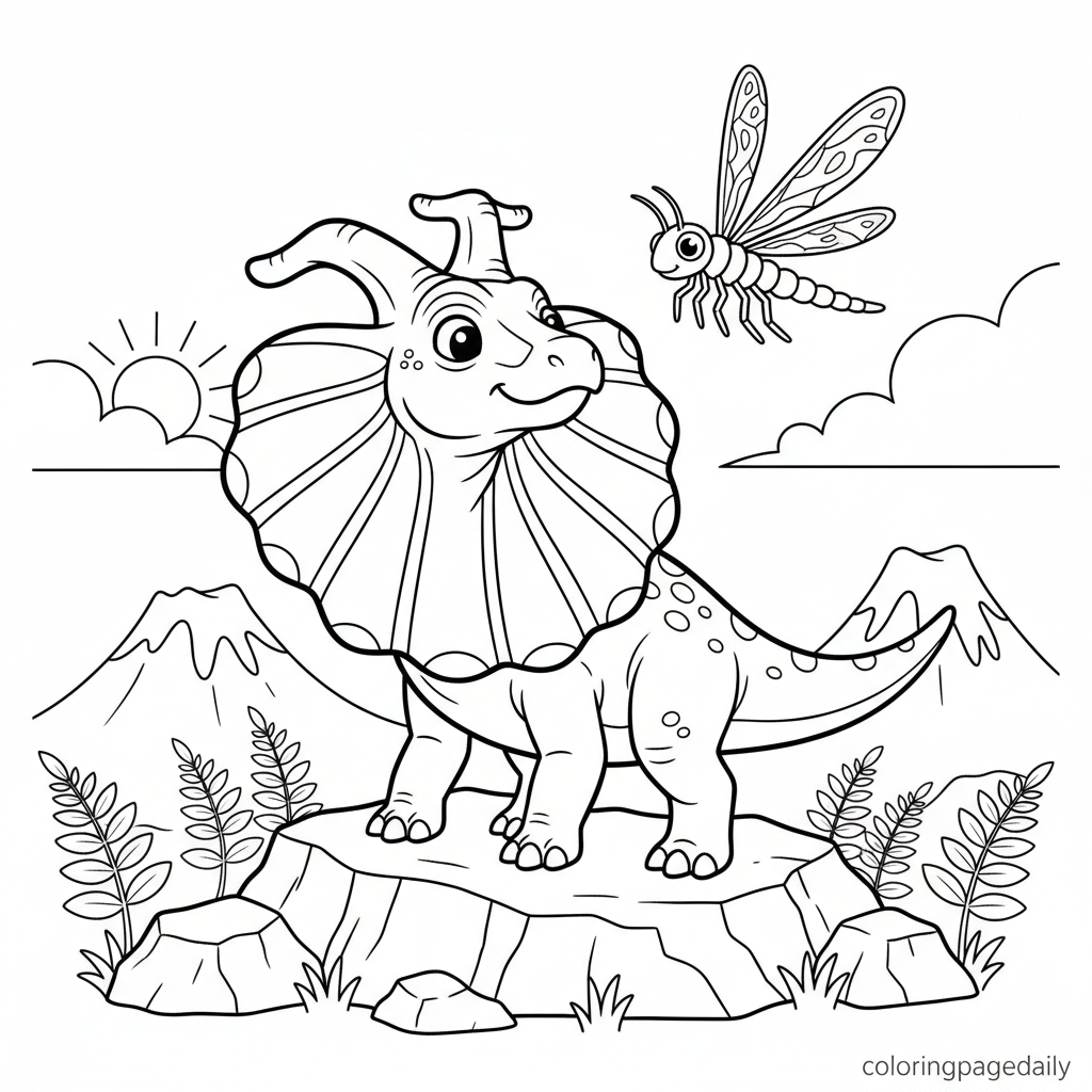 Dilophosaurus Shows Its Frills - Black and white coloring page ready to print