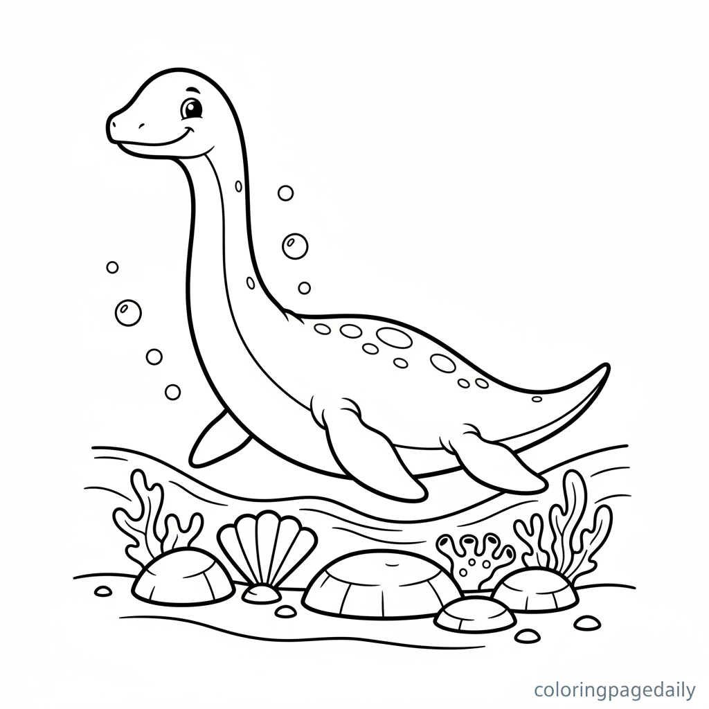 Plesiosaur Swimming Gracefully - Black and white coloring page ready to print