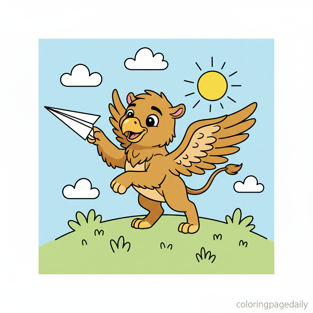 Griffin Throws Paper Airplane - Colored reference example for this printable coloring page