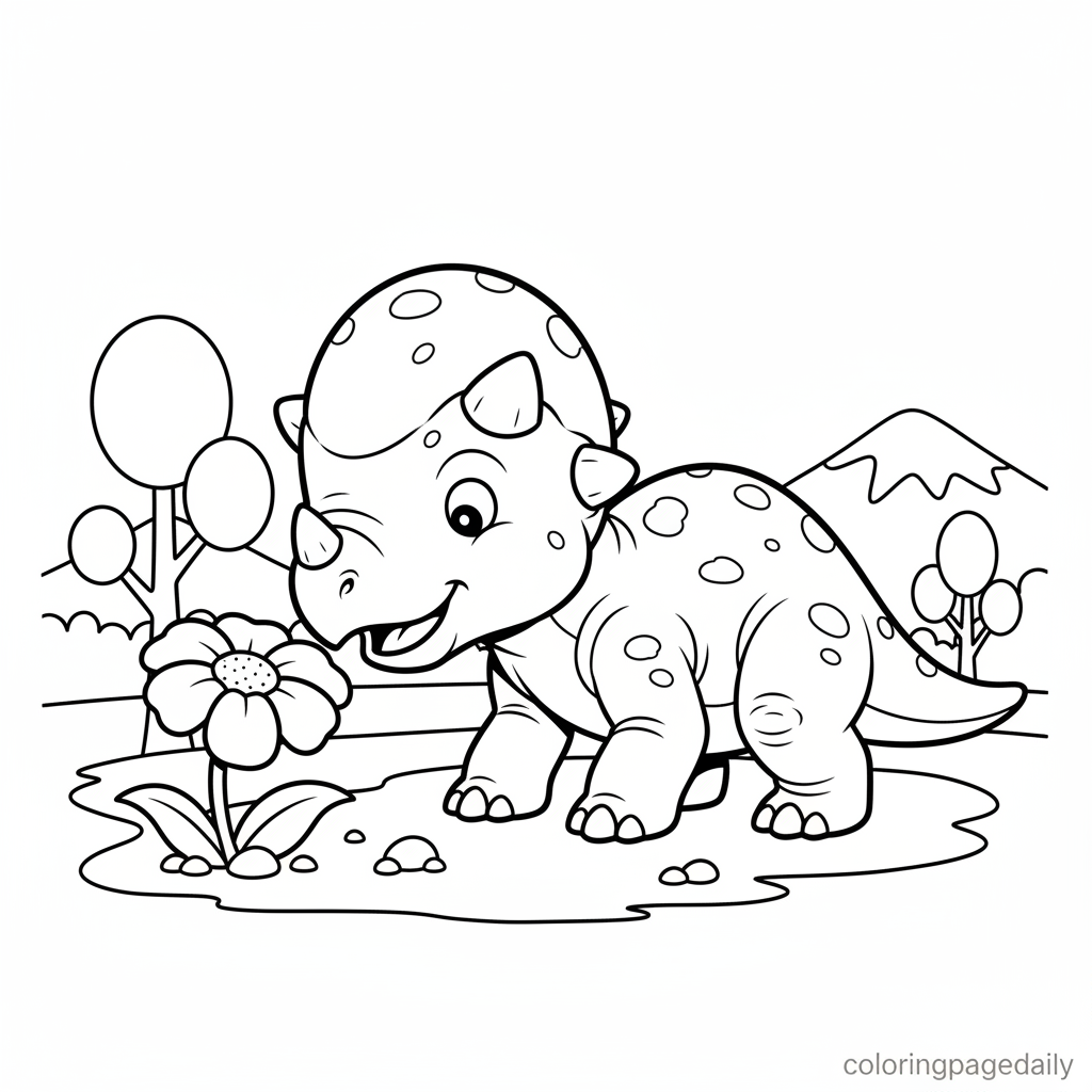 Pachycephalosaurus Sniffs Flower - Black and white coloring page ready to print