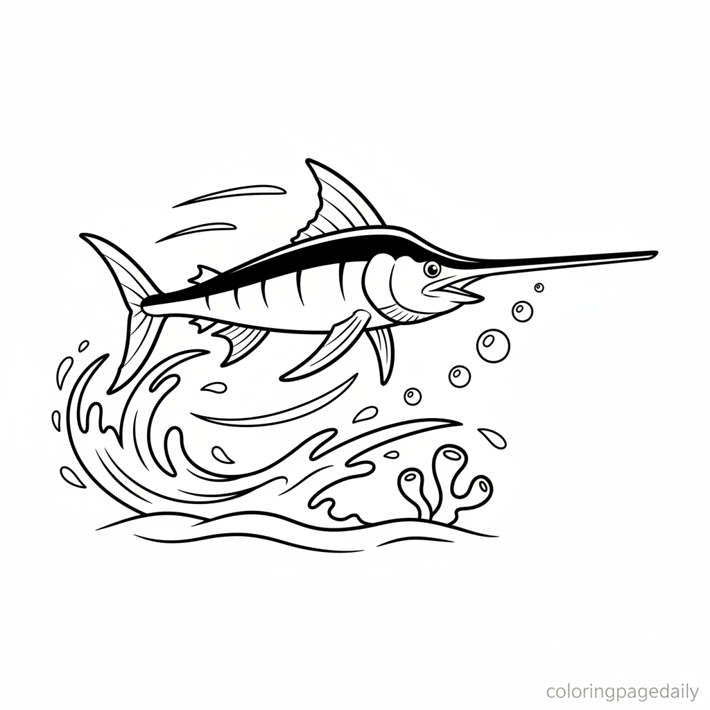 Swordfish Swimming Fast - Black and white coloring page ready to print