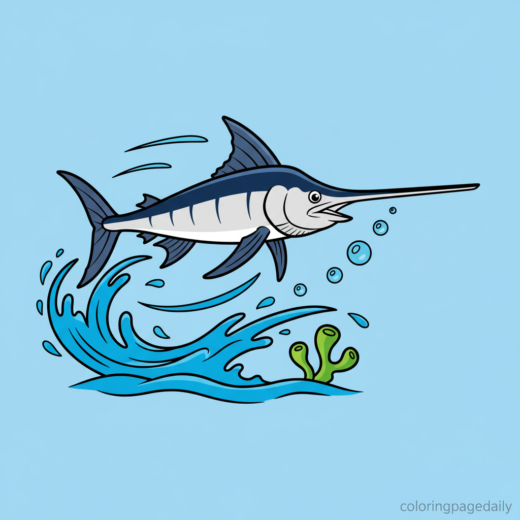 Swordfish Swimming Fast - Colored reference example for this printable coloring page