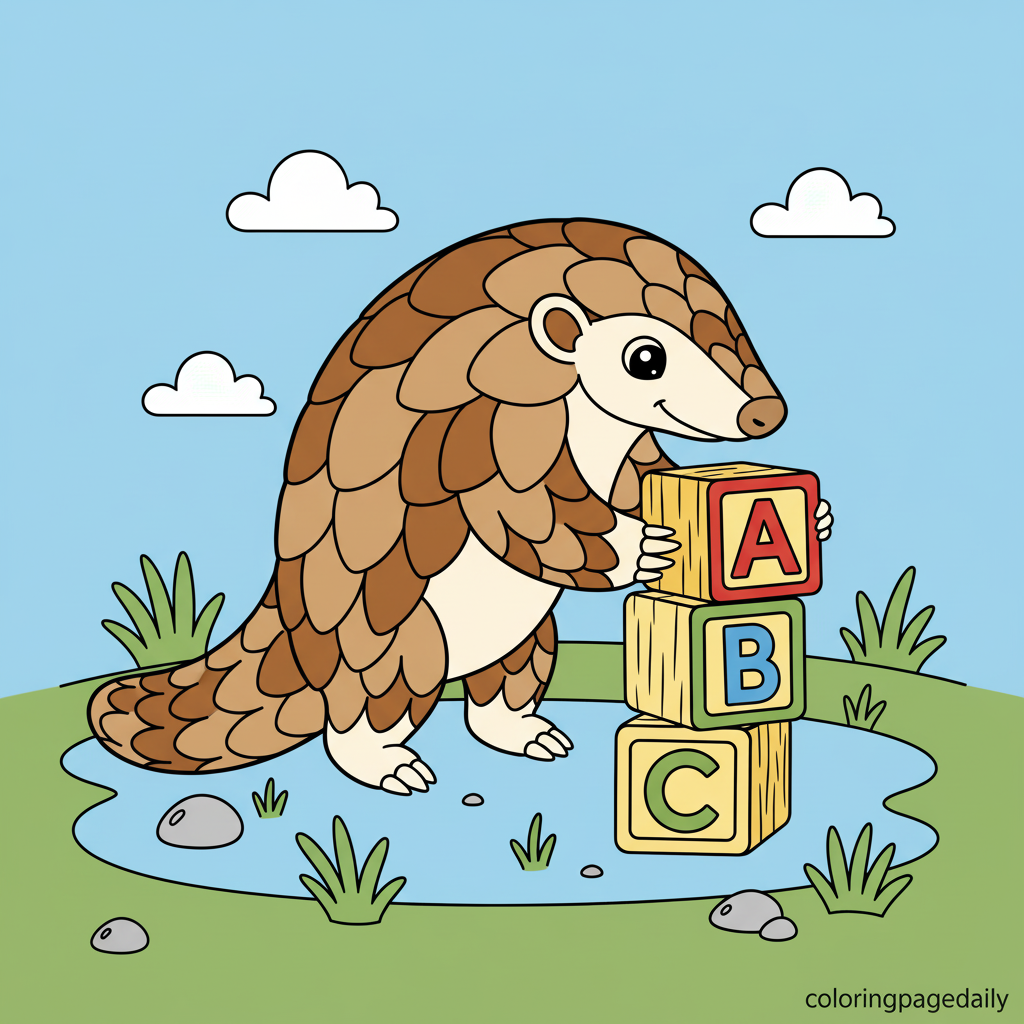 Pangolin Stacking Blocks - Colored reference example for this printable coloring page