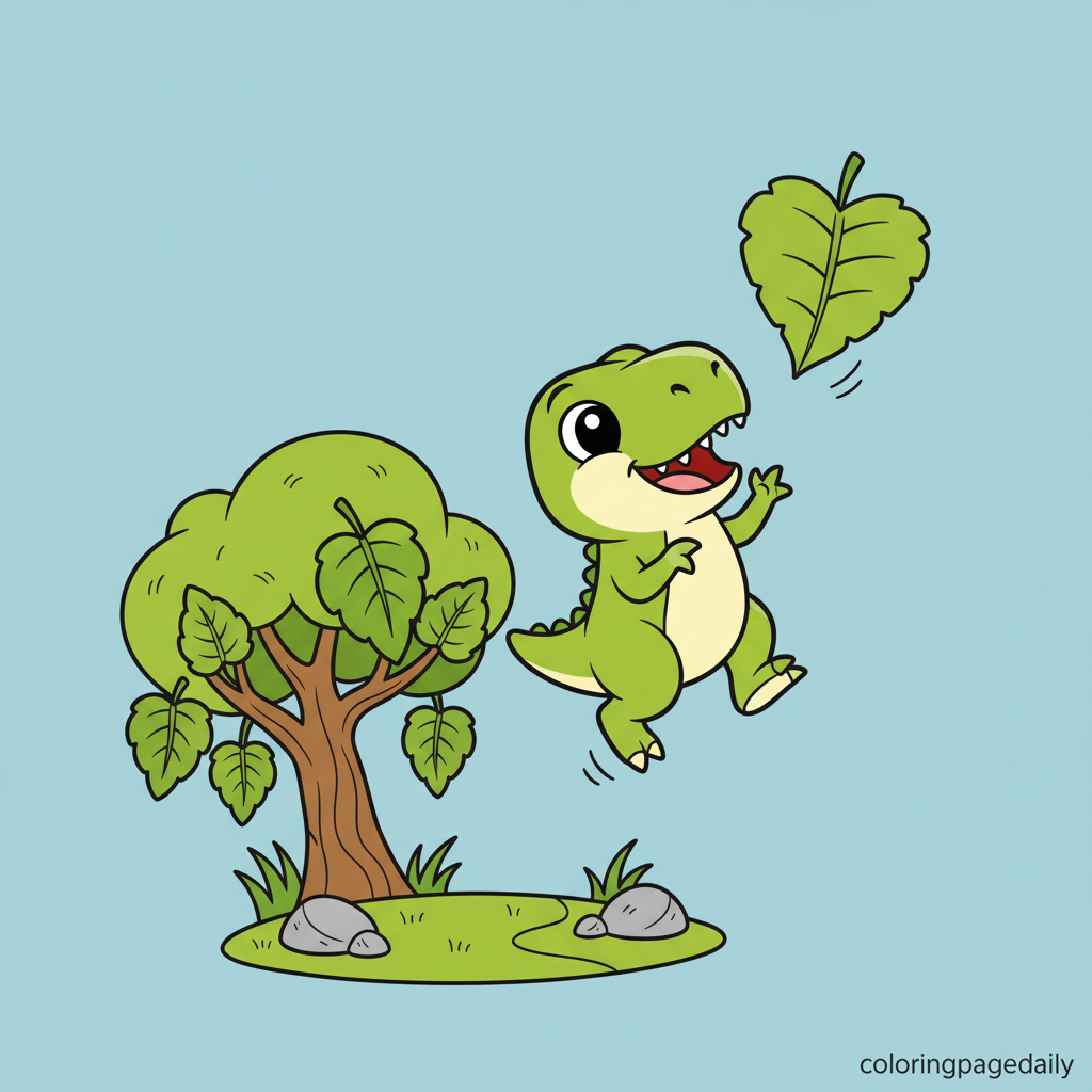 Baby T-Rex Catches Leaf - Colored reference example for this printable coloring page