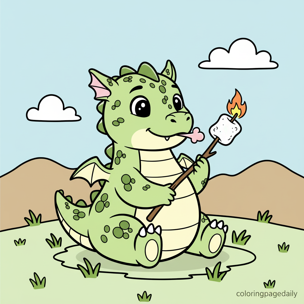 Dragon Roasting Marshmallows - Colored reference example for this printable coloring page