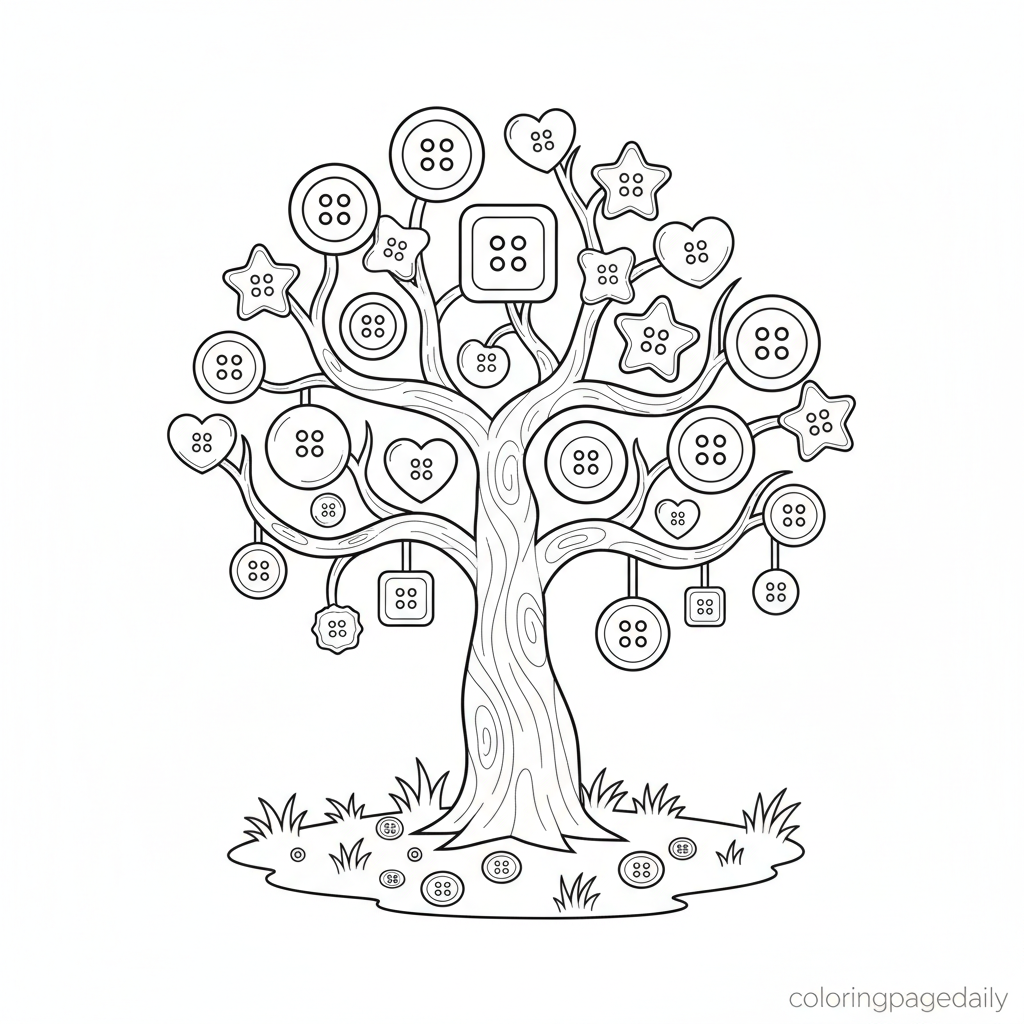 The Magical Button Tree - Black and white coloring page ready to print