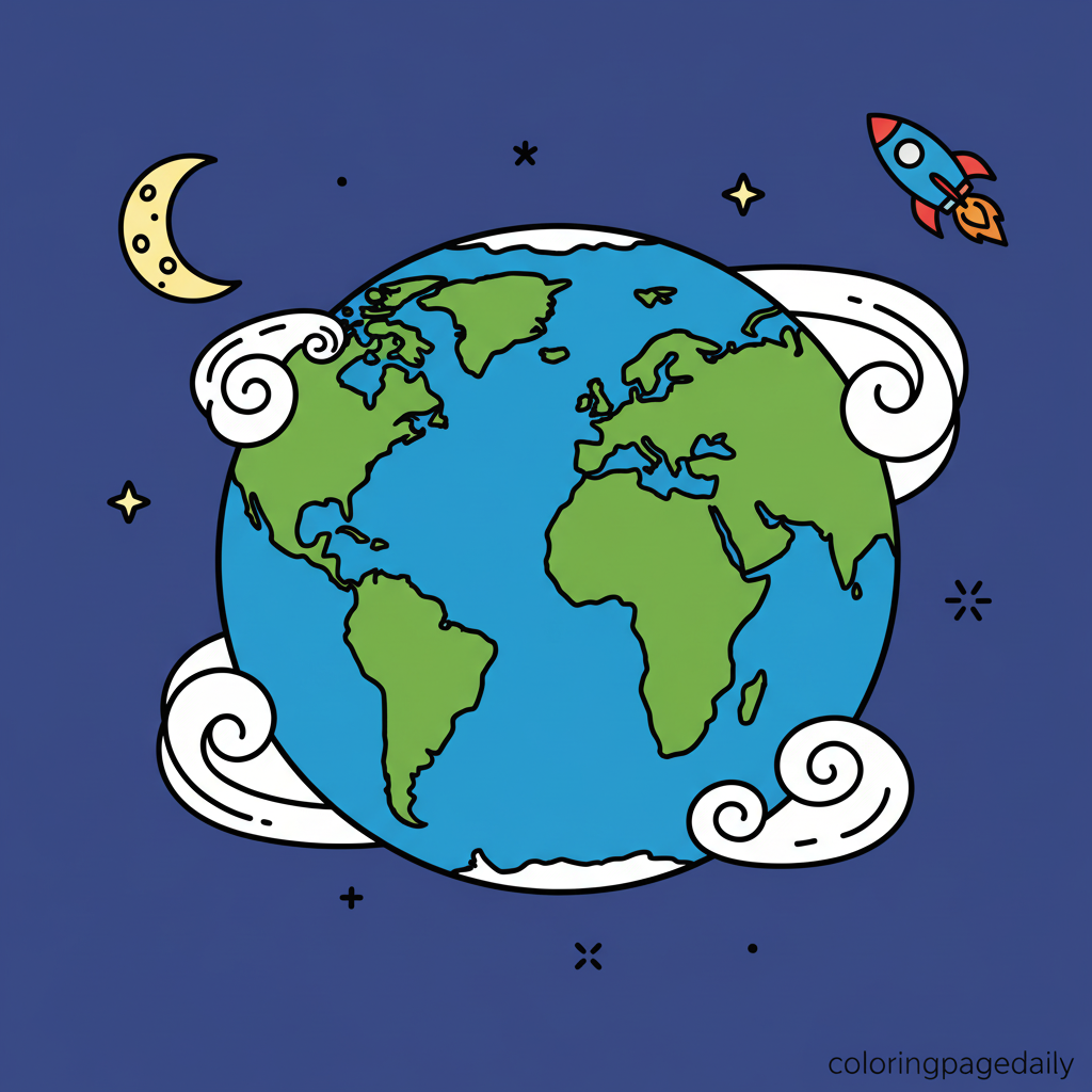 Planet Earth Floating - Colored reference example for this printable coloring page