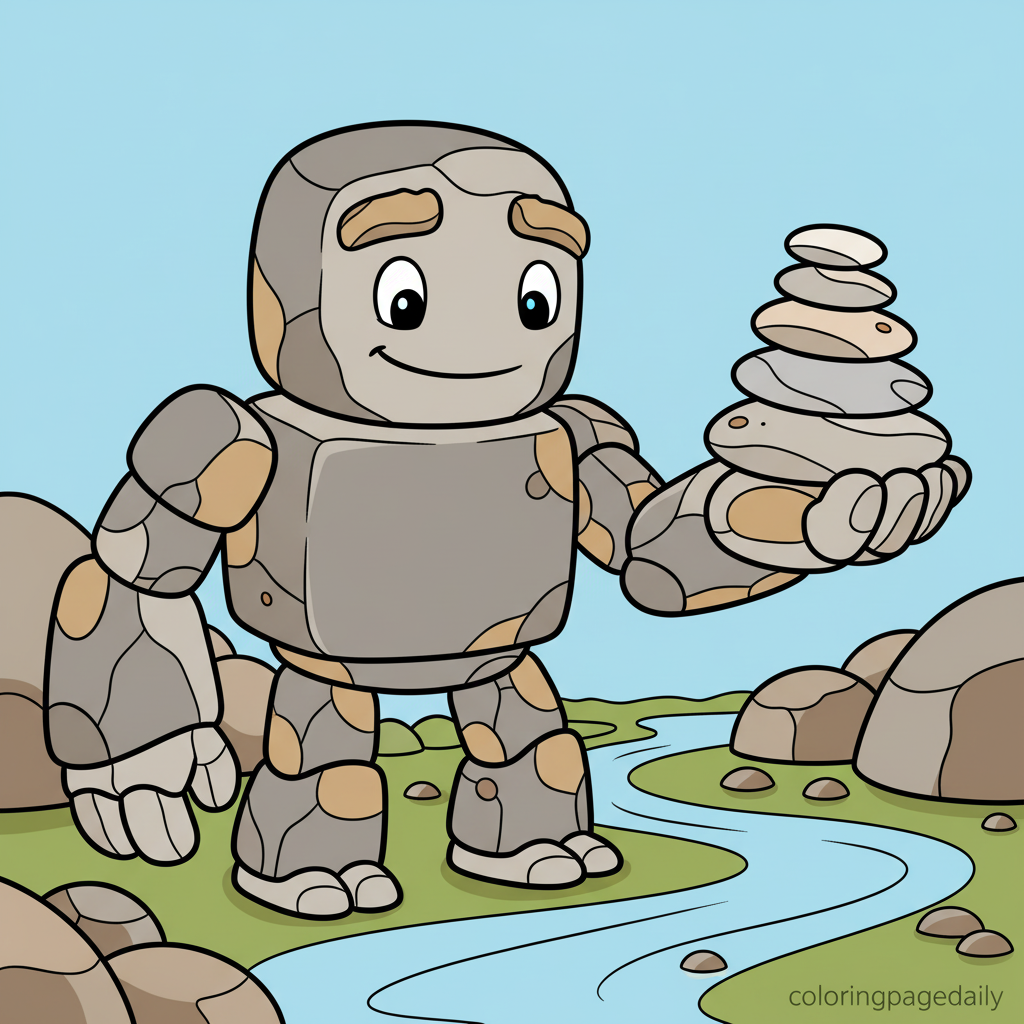 Pebble Golem Balancing Stones - Colored reference example for this printable coloring page