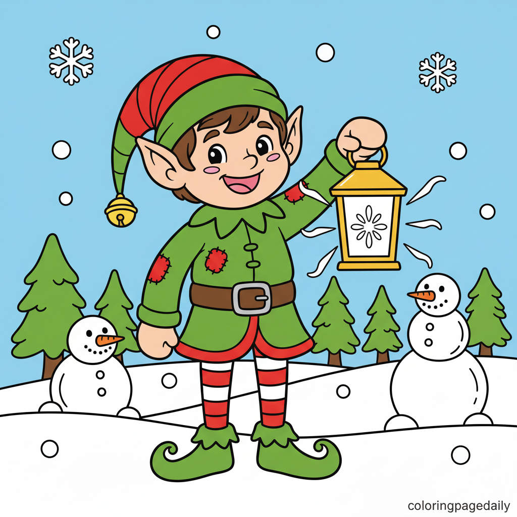 Elf Holding a Lantern - Colored reference example for this printable coloring page