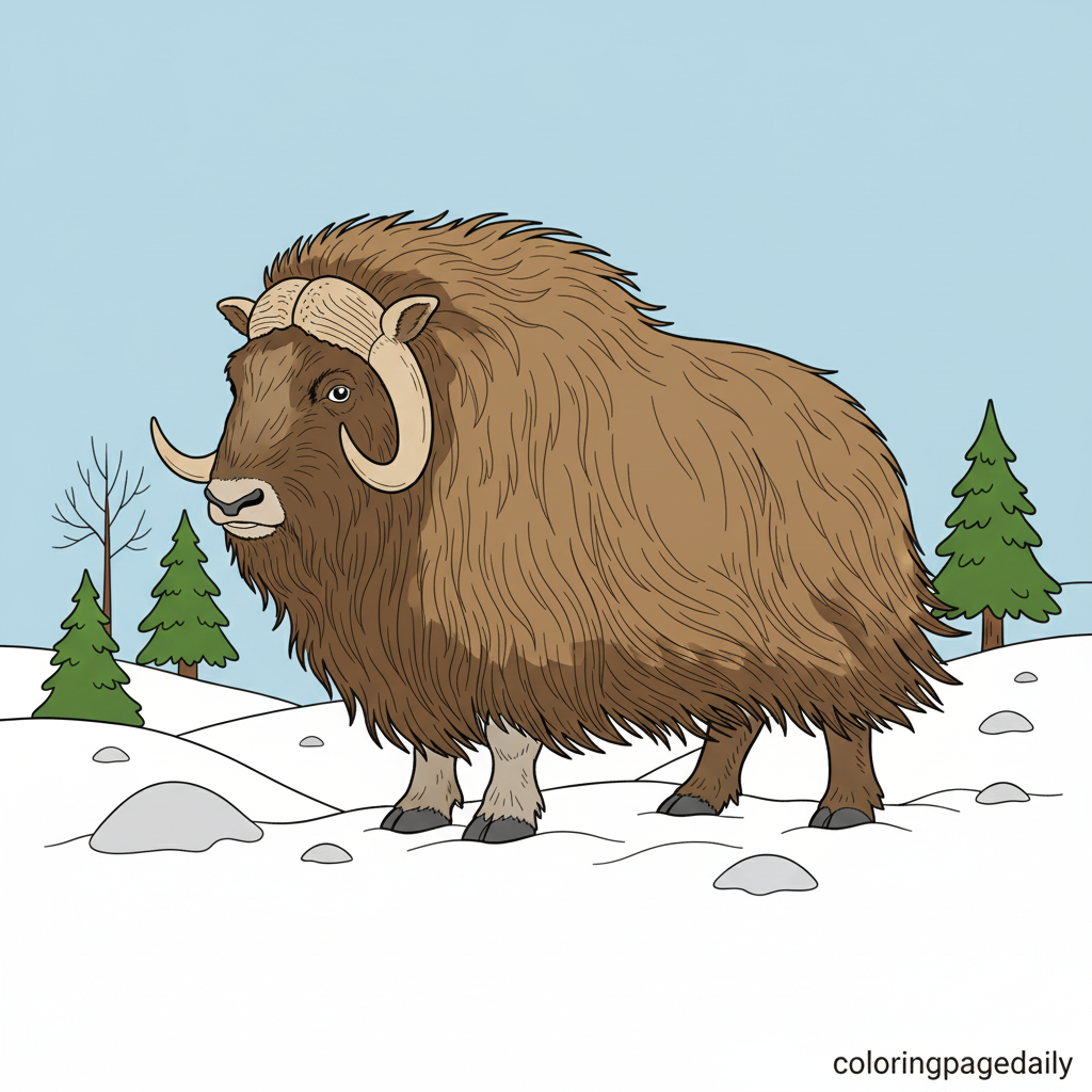 Musk Ox in the Snow - Colored reference example for this printable coloring page