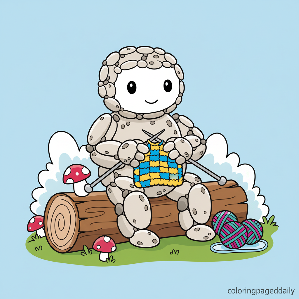 Pebble Golem Knitting - Colored reference example for this printable coloring page