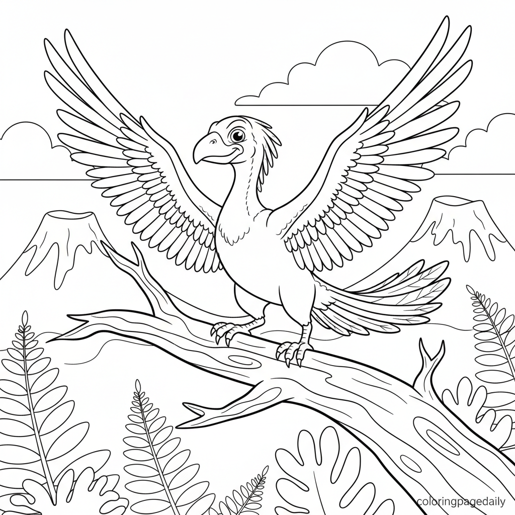 Archaeopteryx Ready to Fly - Black and white coloring page ready to print