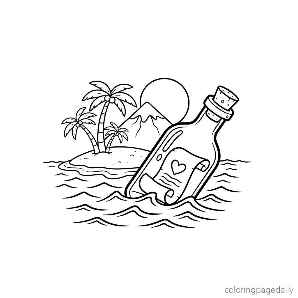 Message in a Bottle - Black and white coloring page ready to print