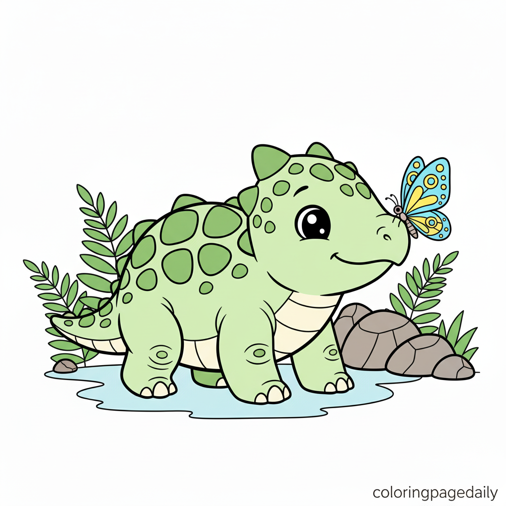Ankylosaurus and the Butterfly - Colored reference example for this printable coloring page