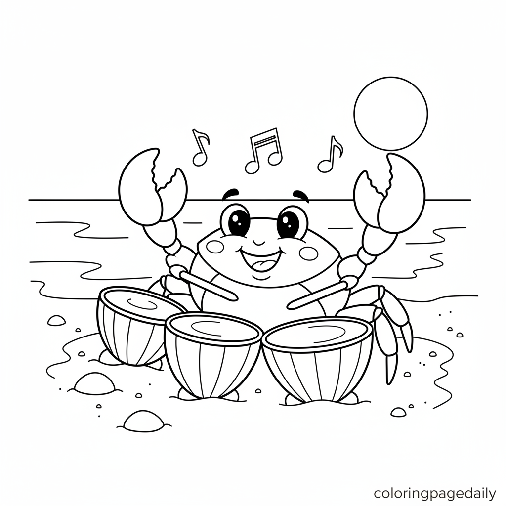Crab Playing Shell Drums - Black and white coloring page ready to print