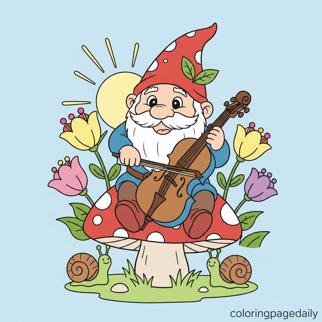 Gnome Playing Gourd Cello - Colored reference example for this printable coloring page
