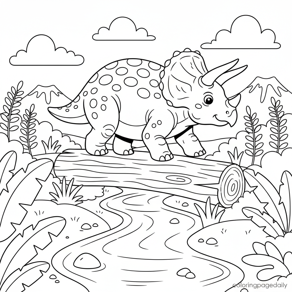 Triceratops Log Crossing - Black and white coloring page ready to print